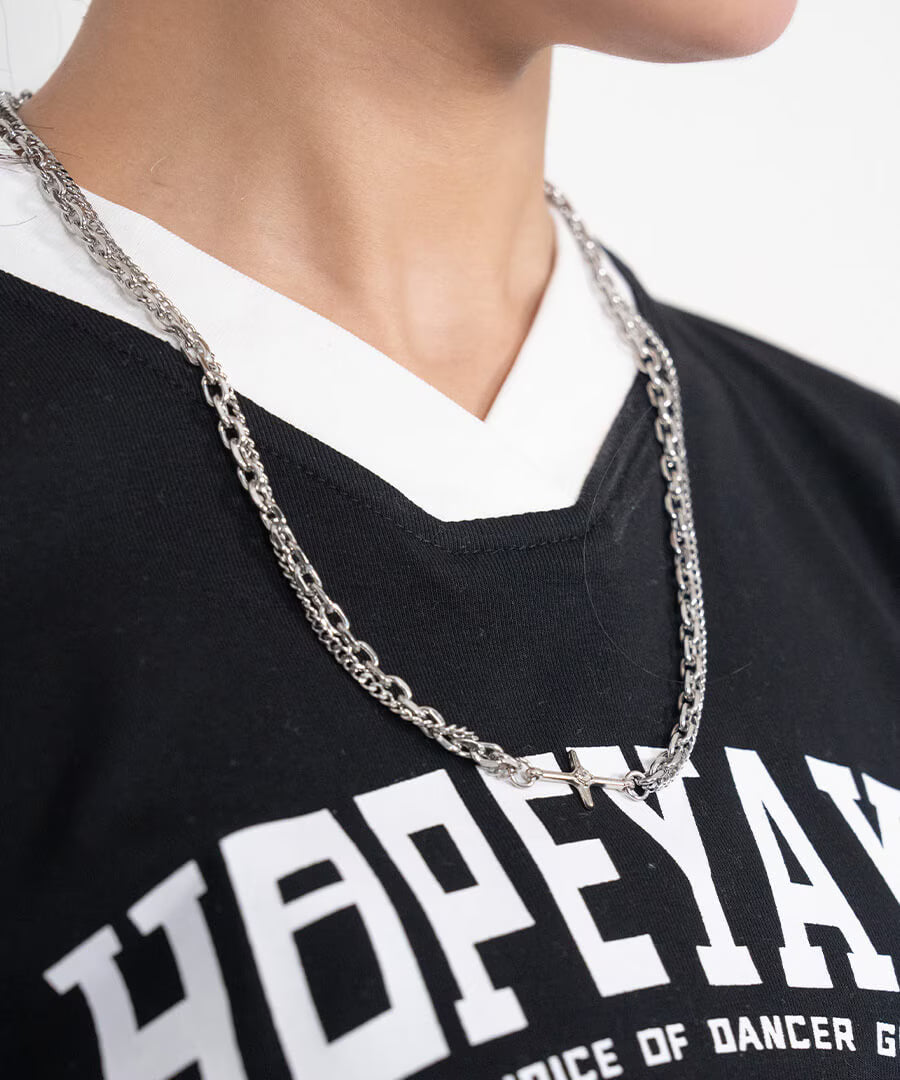 Duality unisex layered chain necklace styled on model