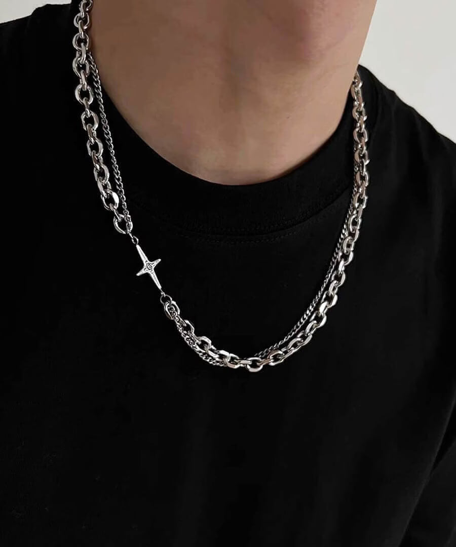 Duality double layer Cuban link star cross necklace – silver chain detail