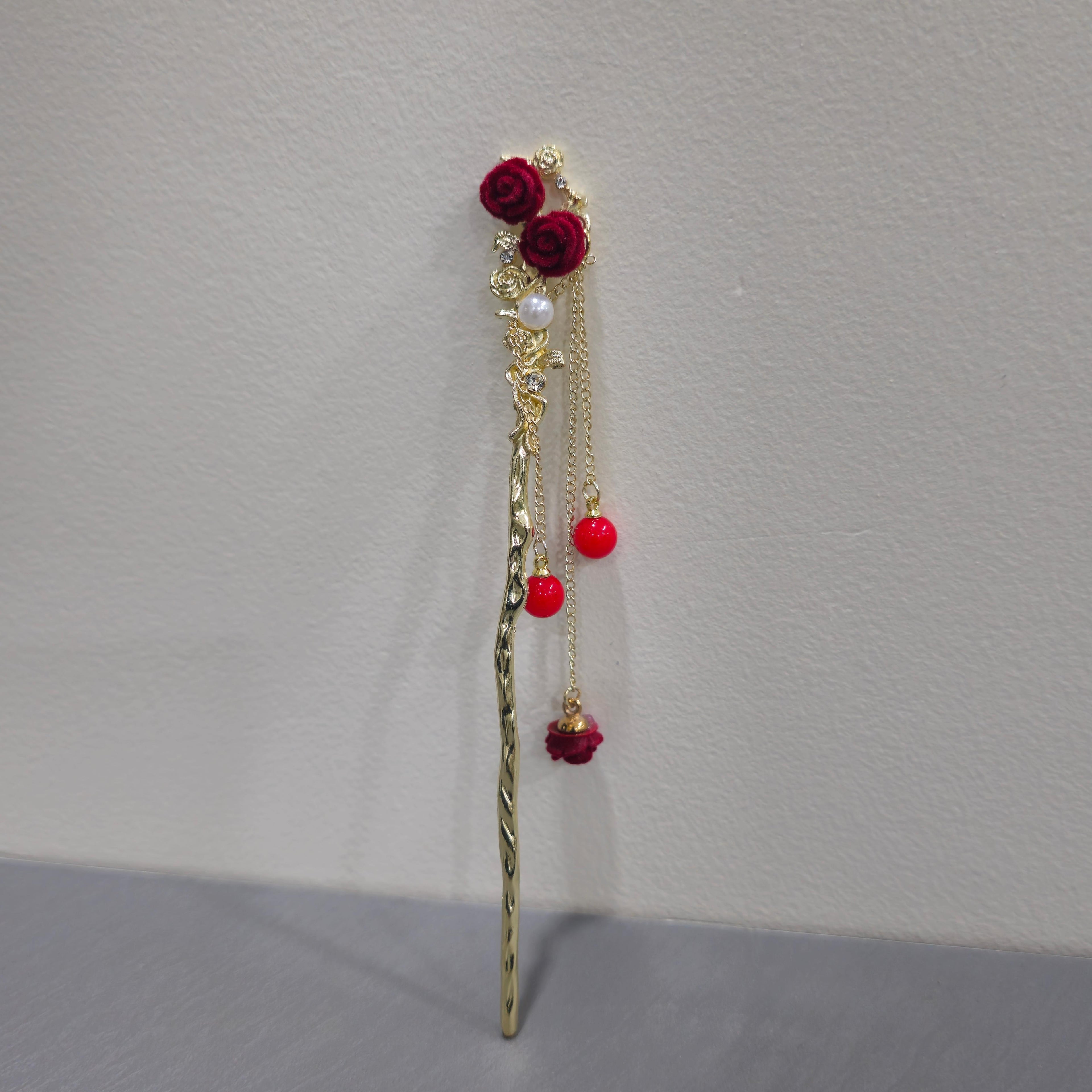Gold Rose Hairpin with Pearl & Dangling Charms