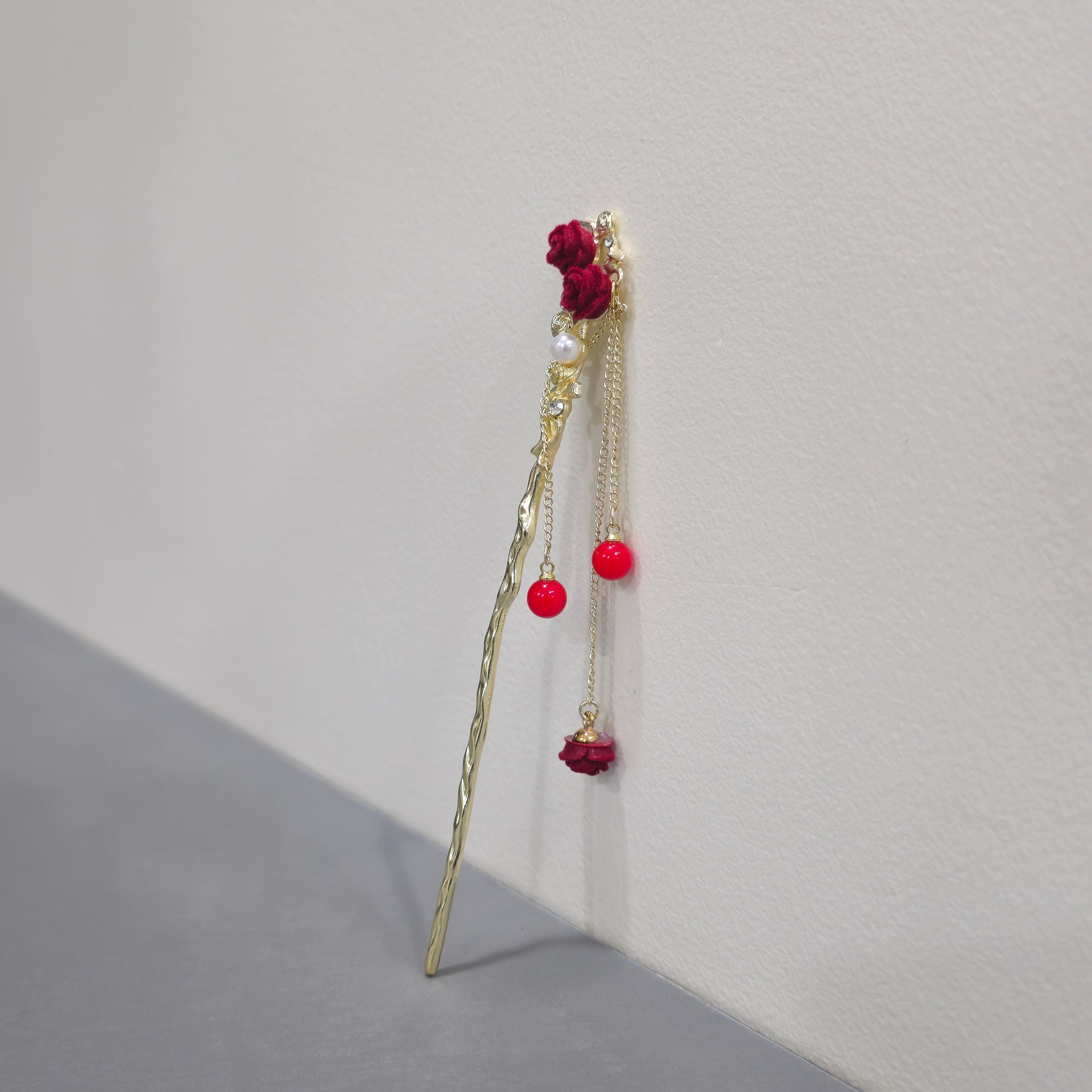 Gold Rose Hairpin with Pearl & Dangling Charms