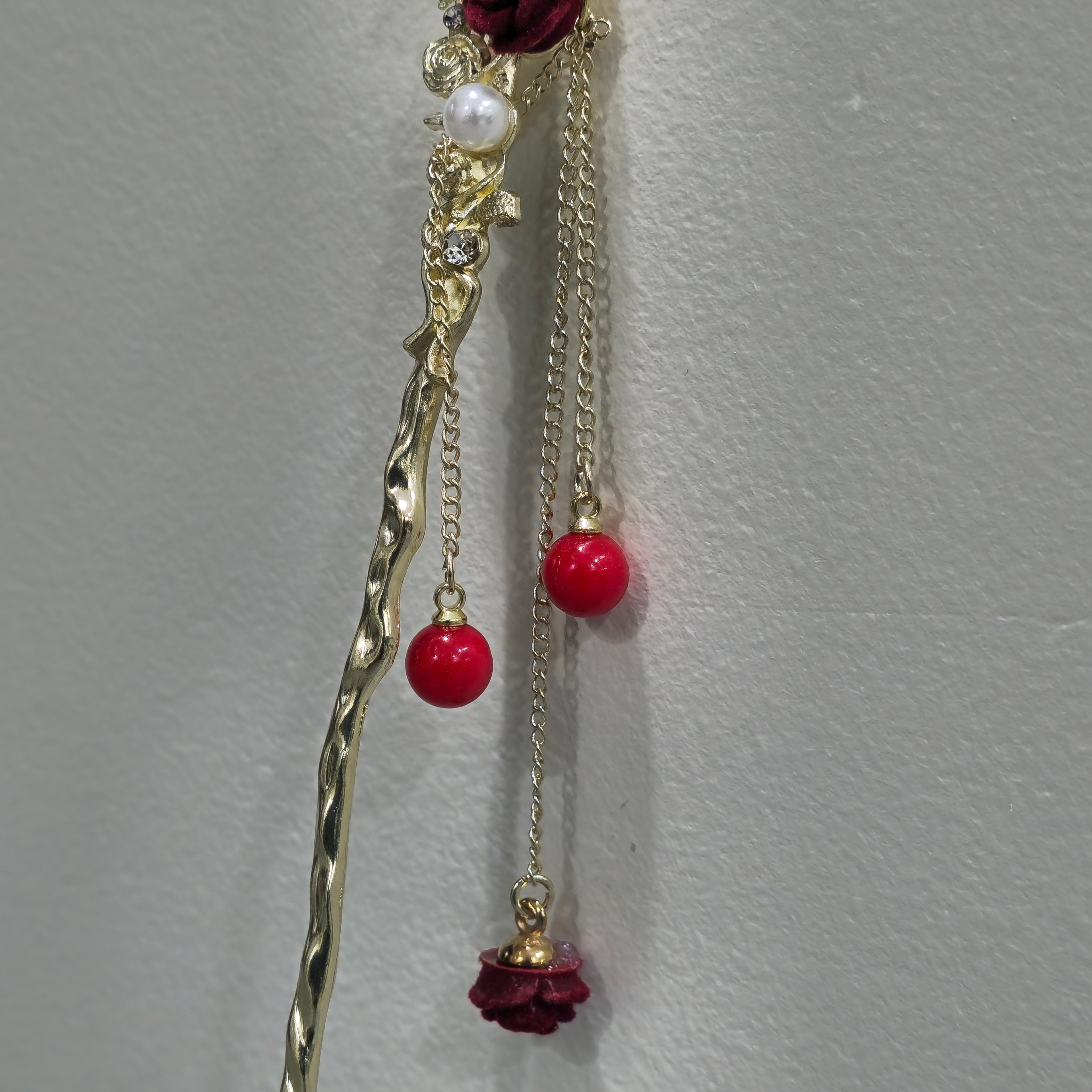 Gold Rose Hairpin with Pearl & Dangling Charms