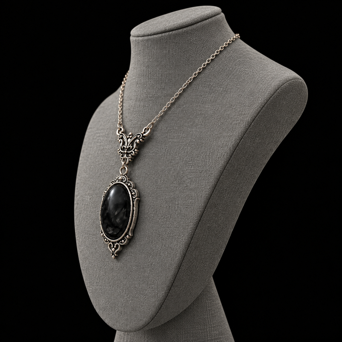 Victorian black pendant necklace in antique silver filigree frame