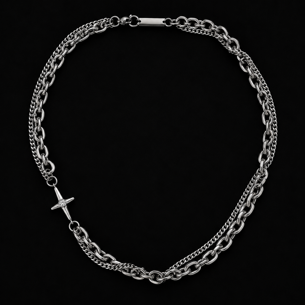Duality Necklace – double layer silver Cuban link and cable chain with crystal star cross, on black