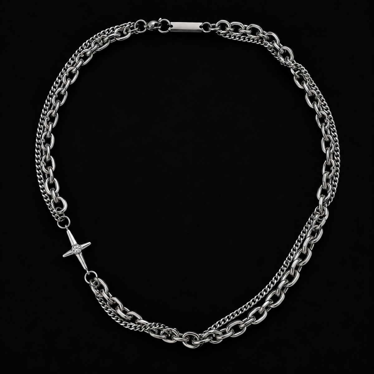 Duality Necklace – double layer silver Cuban link and cable chain with crystal star cross, on black