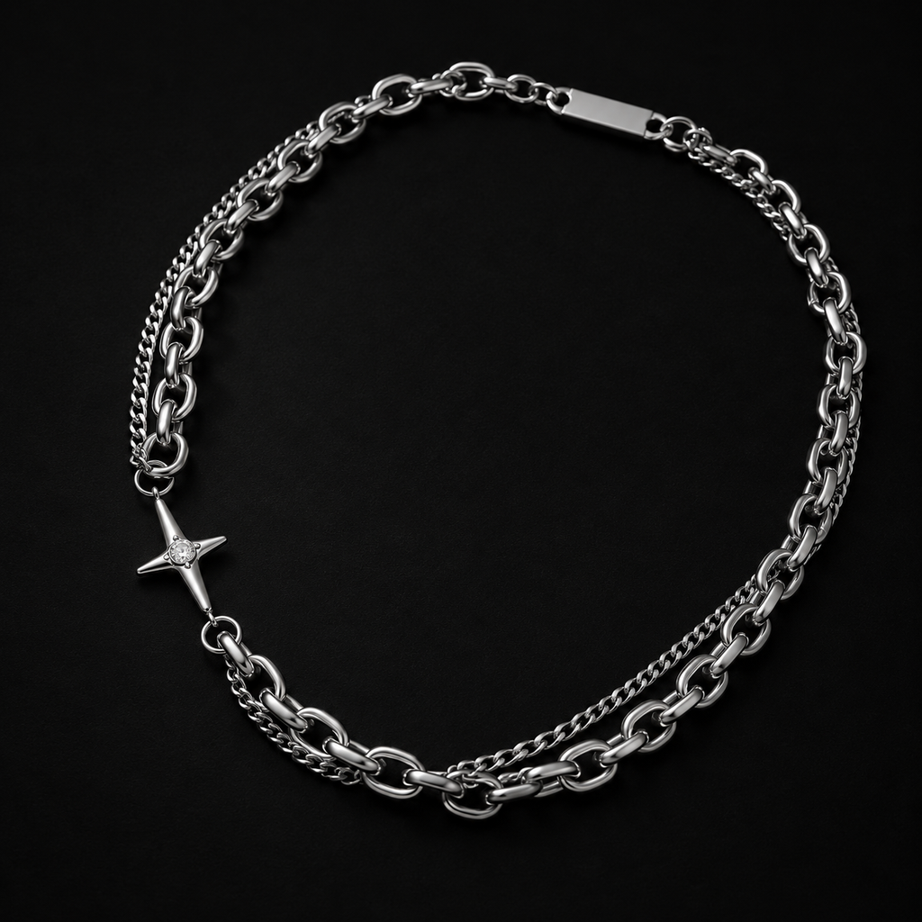 Duality Necklace – silver double chain with four-point star cross, view 2