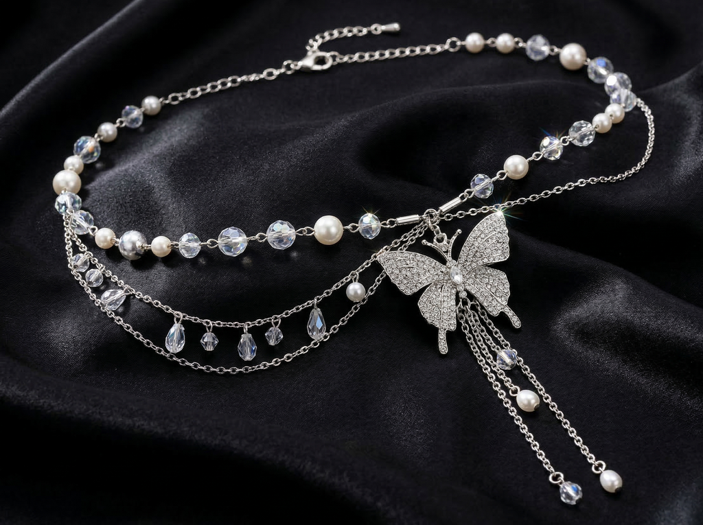 Luna Butterfly Waist Chain – Crystal & Pearl Multilayer Body Jewellery