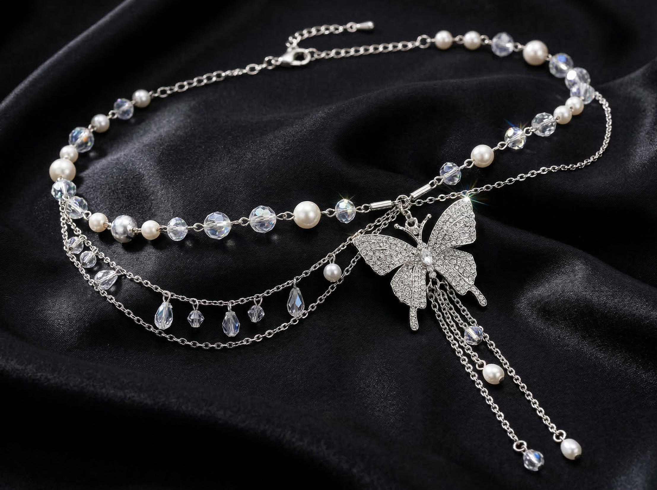 Luna Butterfly Waist Chain – Crystal & Pearl Multilayer Body Jewellery