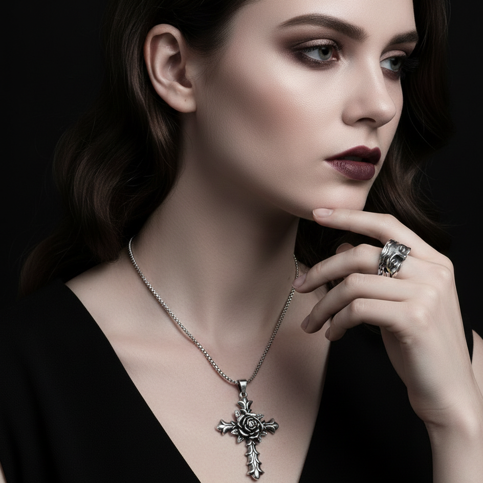 Woman wearing a silver necklace and ring against a dark background