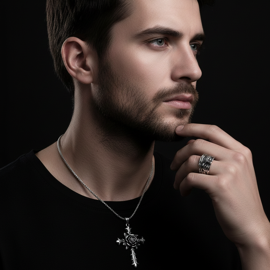 Man wearing a silver necklace and ring against a black background