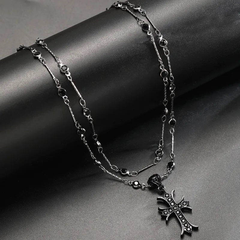 Dark Zircon Cross Double Layer Necklace