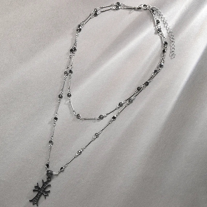 Dark Zircon Cross Double Layer Necklace