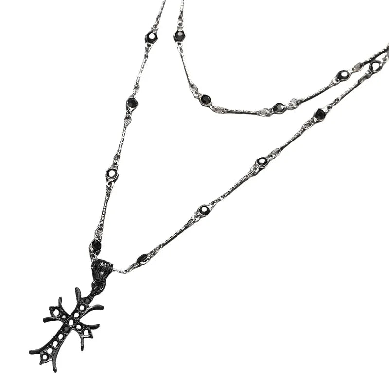 Dark Zircon Cross Double Layer Necklace