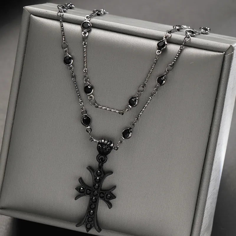 Dark Zircon Cross Double Layer Necklace