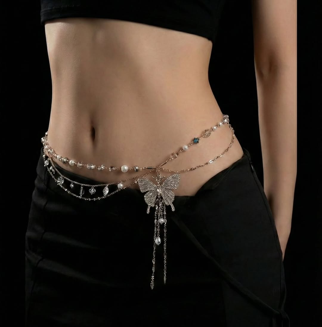 Luna Butterfly Waist Chain – Crystal & Pearl Multilayer Body Jewellery