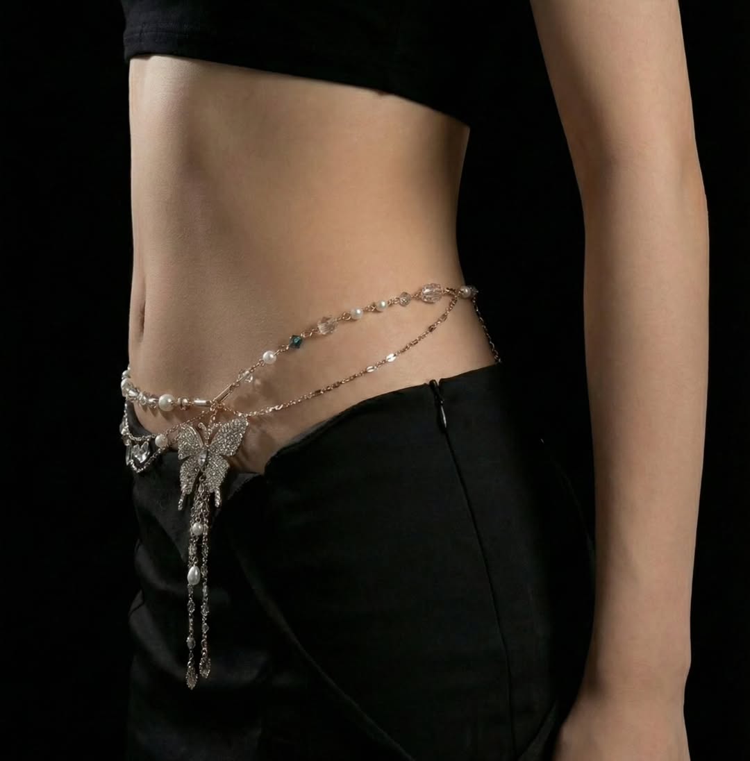 Luna Butterfly Waist Chain – Crystal & Pearl Multilayer Body Jewellery